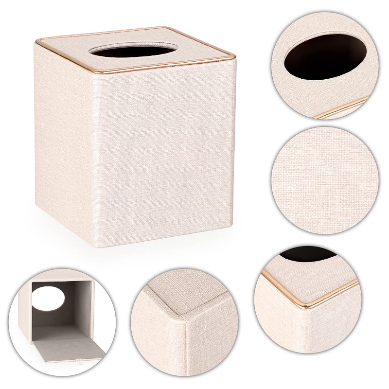 Sumnacon Square Linen Tissue Box Cover - Stylish Cube Tissue Box Holder with Magnetic Bottom  Decorative Tissue Box for Vanity Toilet Tank Dresser Night Stand Table Countertop Office Car  Beige - Image 4